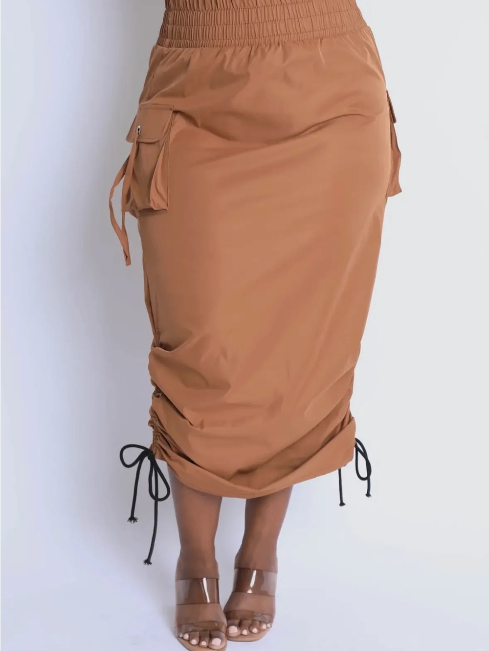 Fashion Nova Cargo Ruched Midi Skirt Brown Adjustable Drawstring Size M